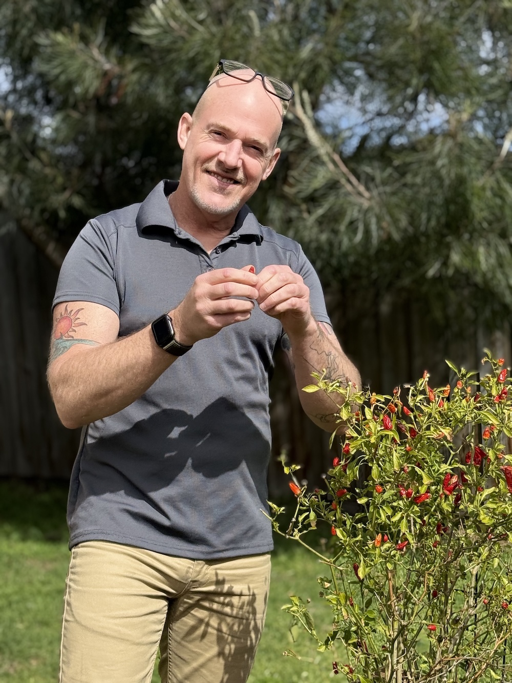Ross in his garden with chilli plants