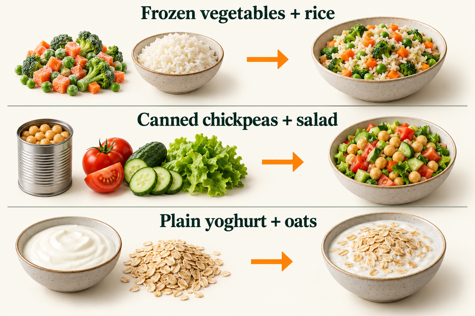 Three meal combinations: frozen vegetables with rice become vegetable rice; canned chickpeas with vegetables become chickpea salad; plain yoghurt with rolled oats becomes an oats and yoghurt bowl.