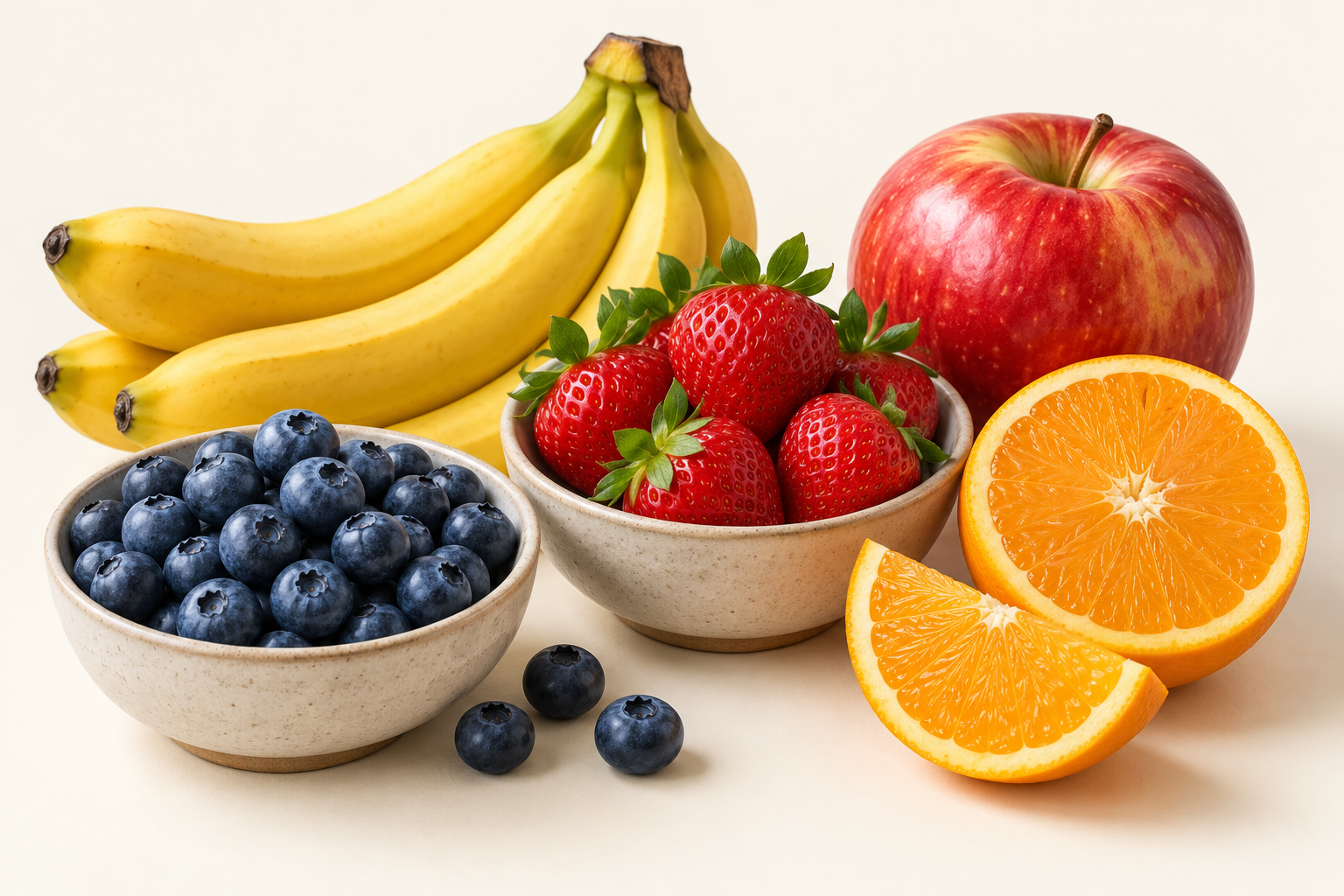 Apples, bananas, berries and oranges.