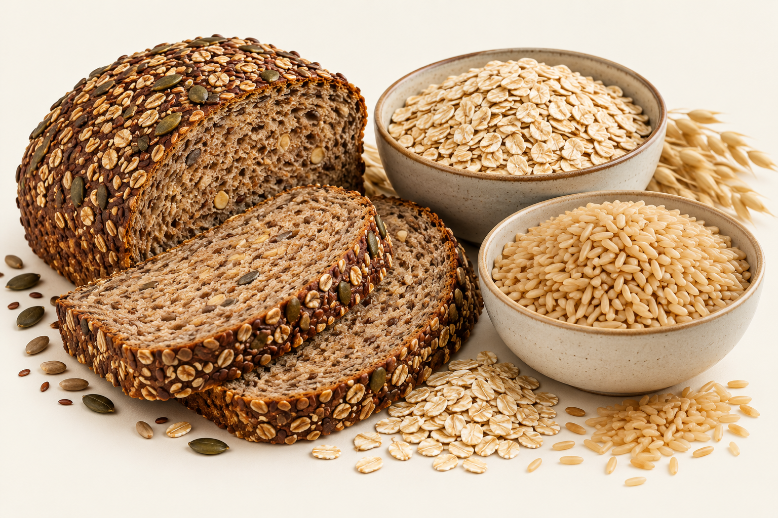 Wholegrain bread, oats and brown rice.