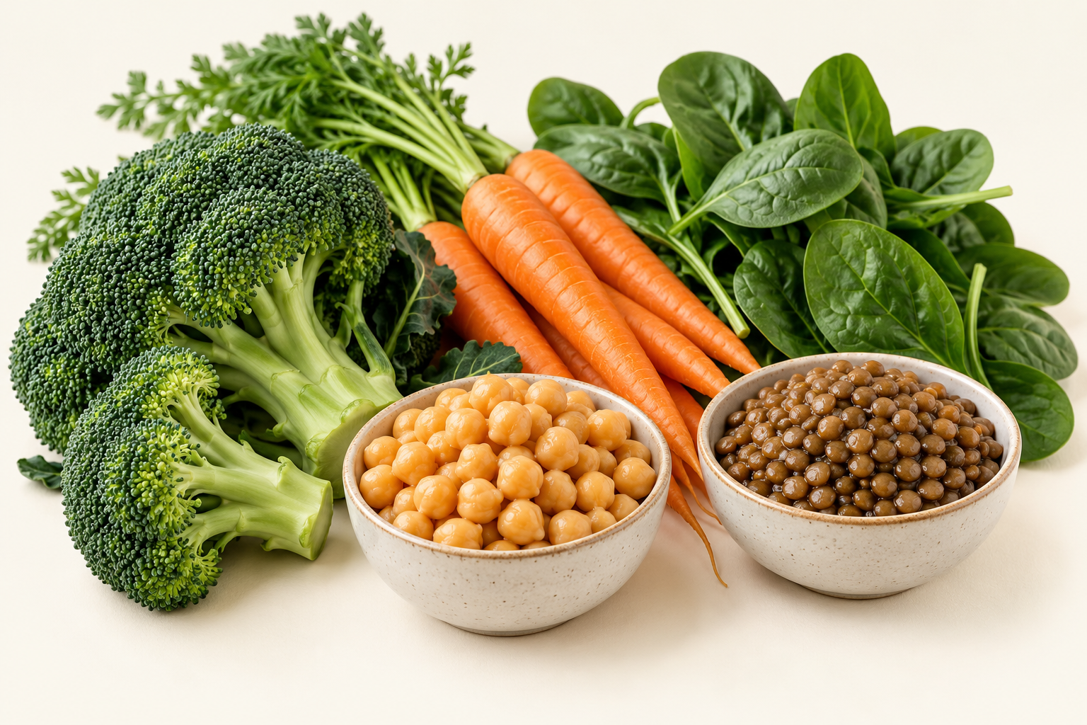 Broccoli, carrots, spinach, chickpeas and lentils.