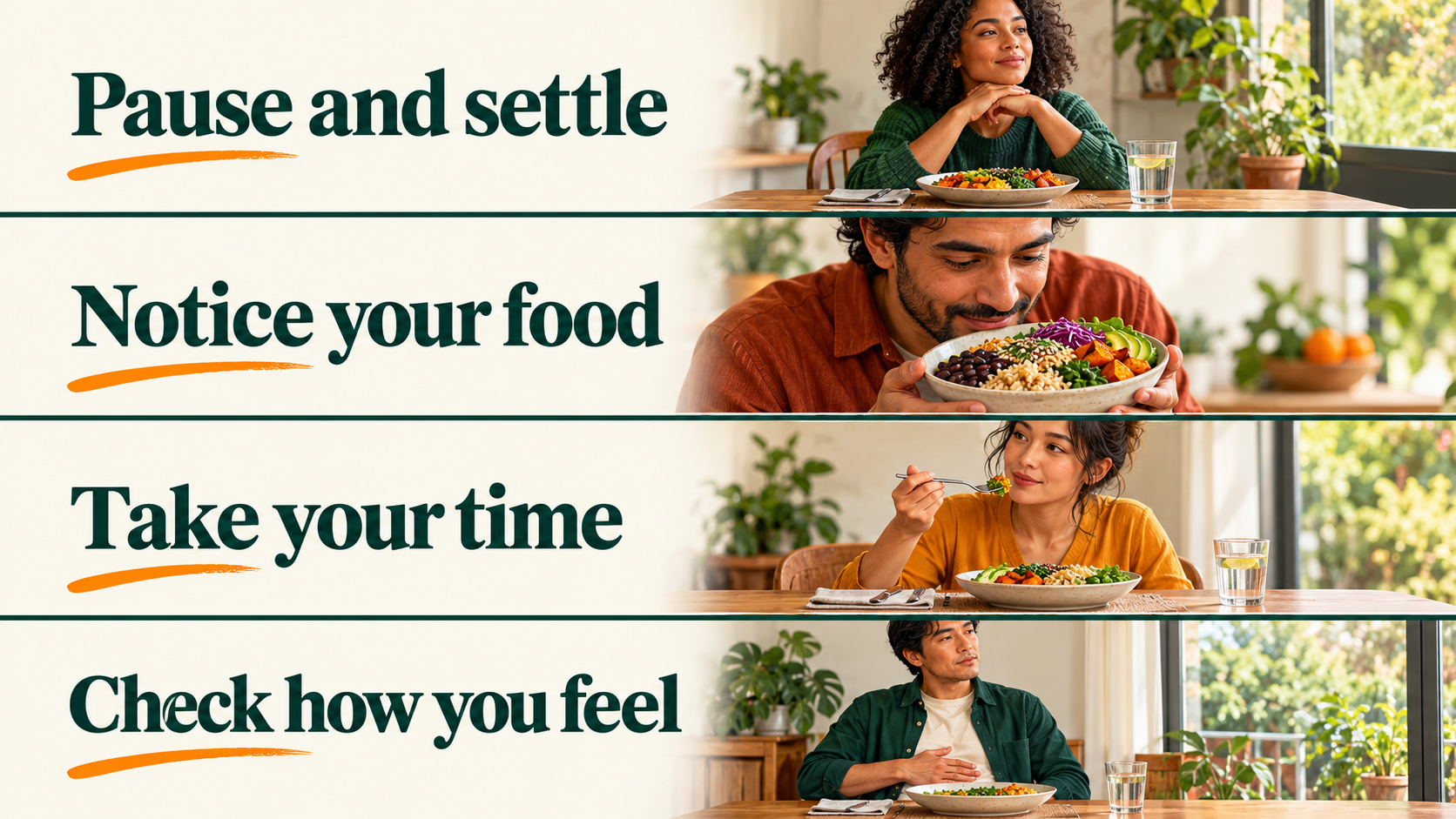 Four actions: pause and settle at the table, notice the food, take time between bites, and check how you feel.