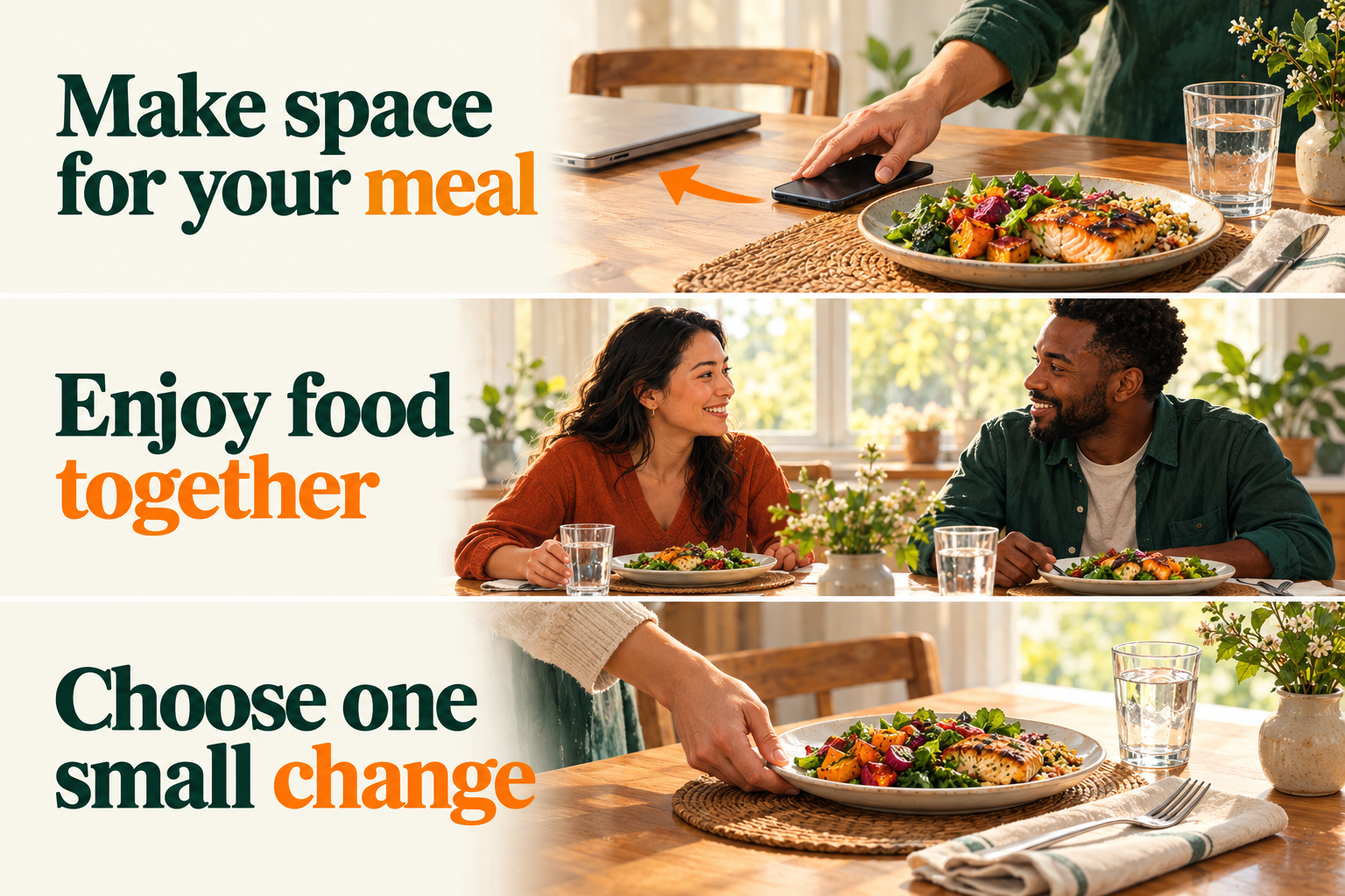 Put the phone away and close the laptop, enjoy food together face to face, and choose one small change to make space for a meal.