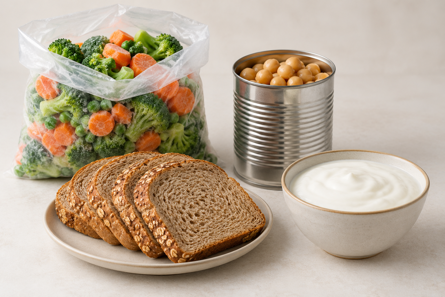 Frozen vegetables, canned chickpeas, wholegrain bread and plain yoghurt: useful foods to keep ready for meals.