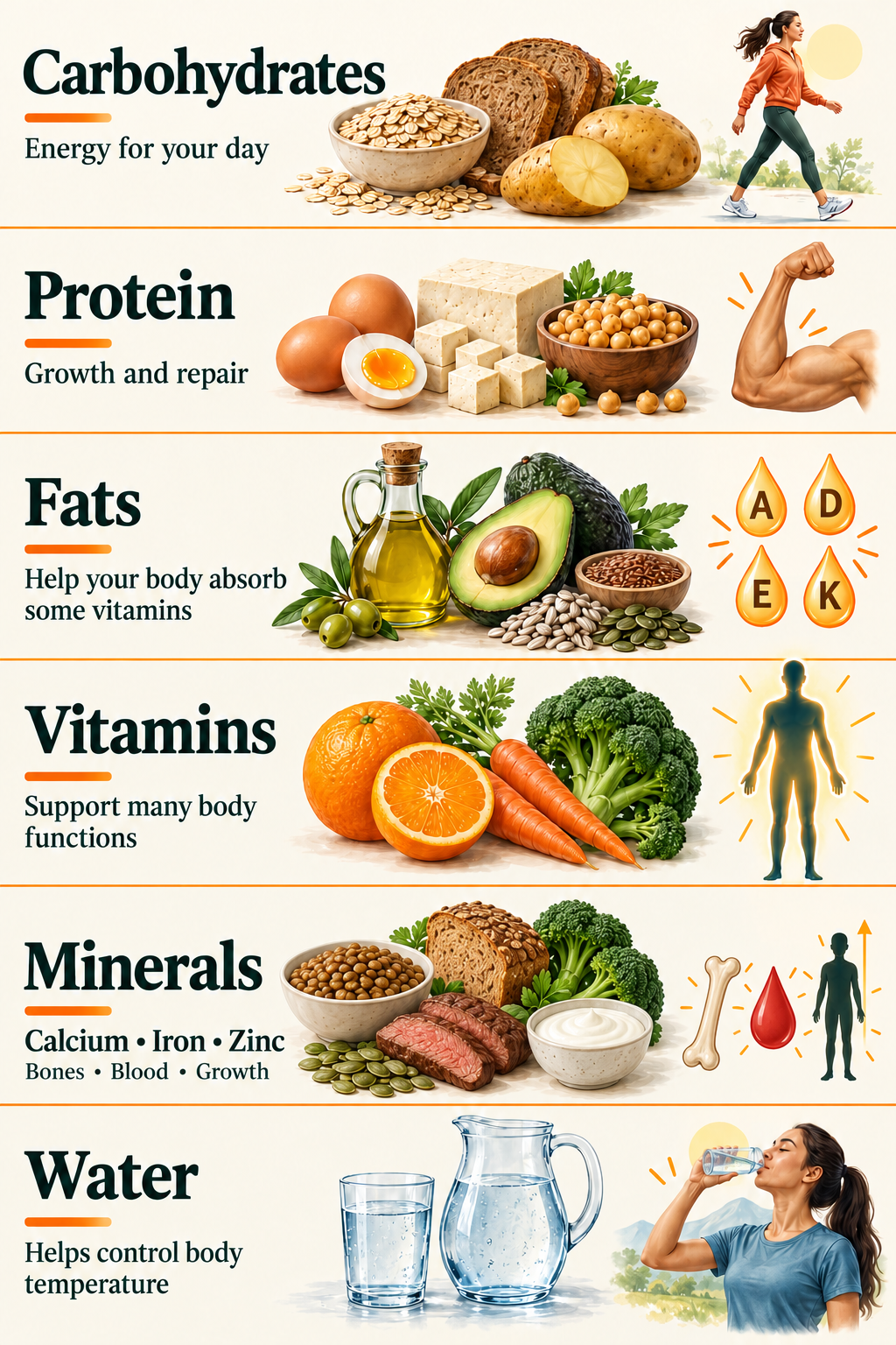 Carbohydrates: energy, from oats, bread and potatoes. Protein: growth and repair, from eggs, tofu and chickpeas. Fats: absorb some vitamins, from olive oil, avocado and seeds. Vitamins: support body functions, from varied foods including fruit and vegetables. Minerals include calcium for bones, iron for carrying oxygen in blood and zinc for growth. Food examples include lentils, lean beef, seeds, wholegrain bread, broccoli and yoghurt. Water: helps control body temperature.