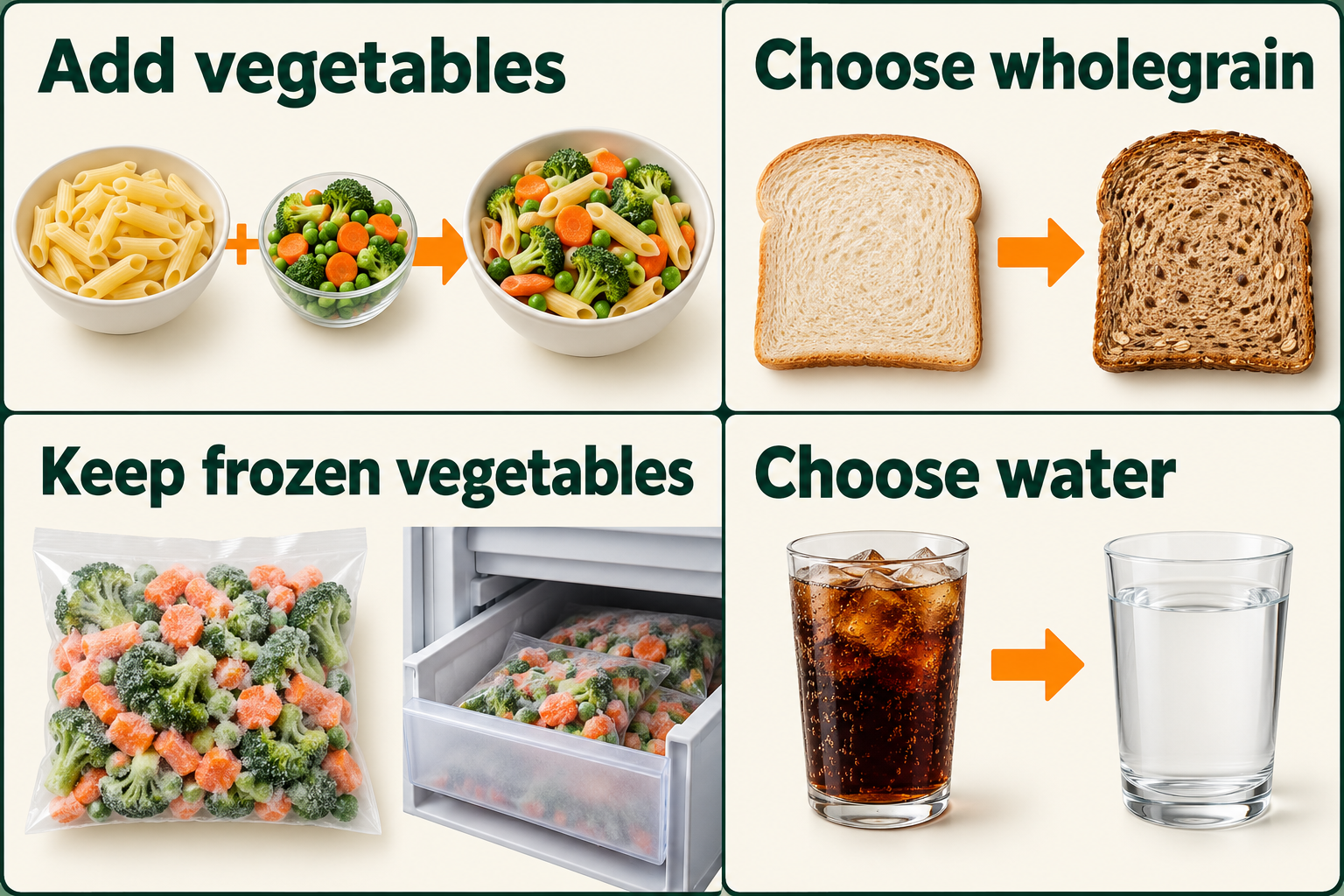 Add vegetables to pasta; choose wholegrain bread; keep vegetables in the freezer; choose water instead of sugary soft drink.