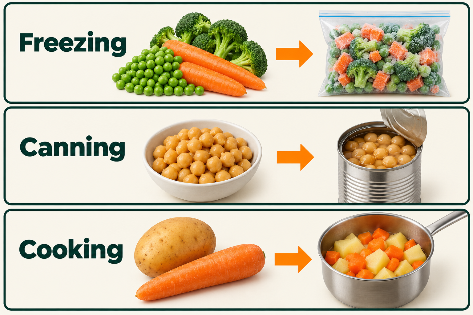 Fresh vegetables become frozen vegetables; chickpeas are canned; raw vegetables are cooked in a saucepan.
