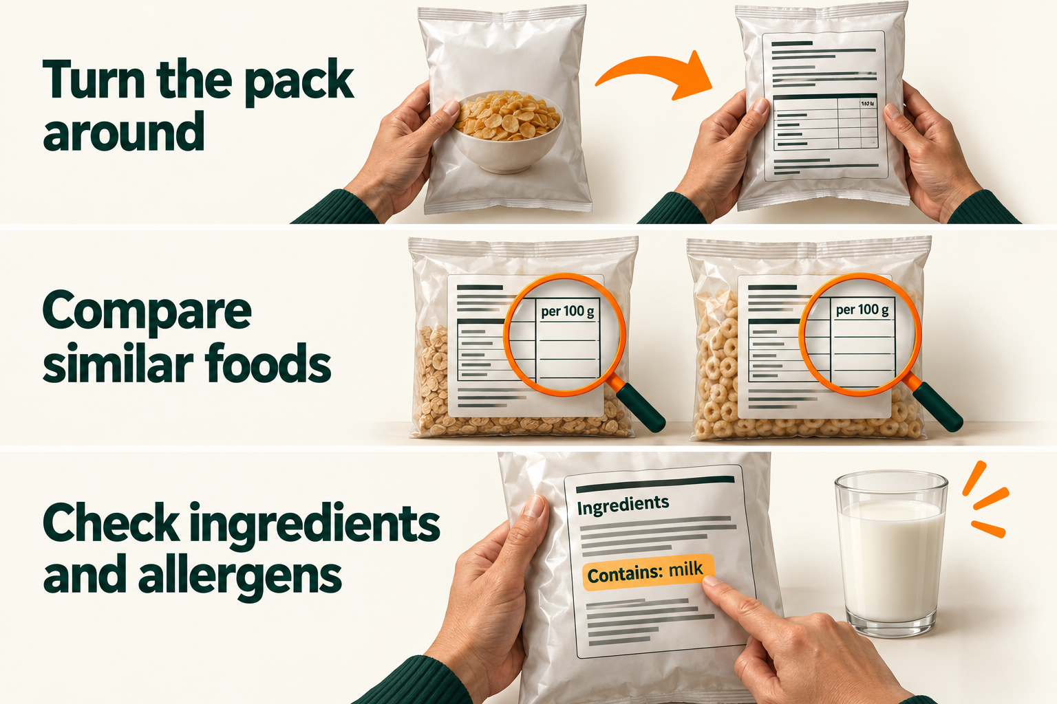 Turn the pack around, compare similar foods using the per 100 g column, and check ingredients and allergens. An example allergen statement says Contains milk.