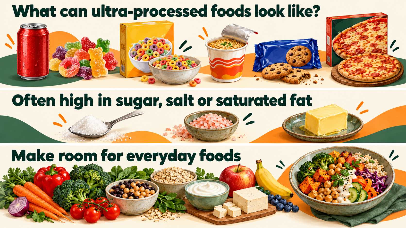 Examples of ultra-processed foods include soft drinks, confectionery, some sweet cereals, instant noodles, packaged biscuits and some frozen pizzas. Sugar, salt and saturated fat are illustrated. Everyday foods include vegetables, beans, oats, fruit, yoghurt and tofu.
