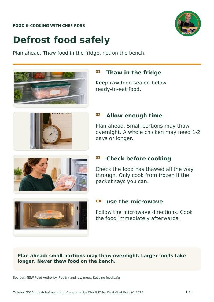 Defrost food safely - page 1 Preview of Defrost food safely, page 1 of 1. Select to read on screen.